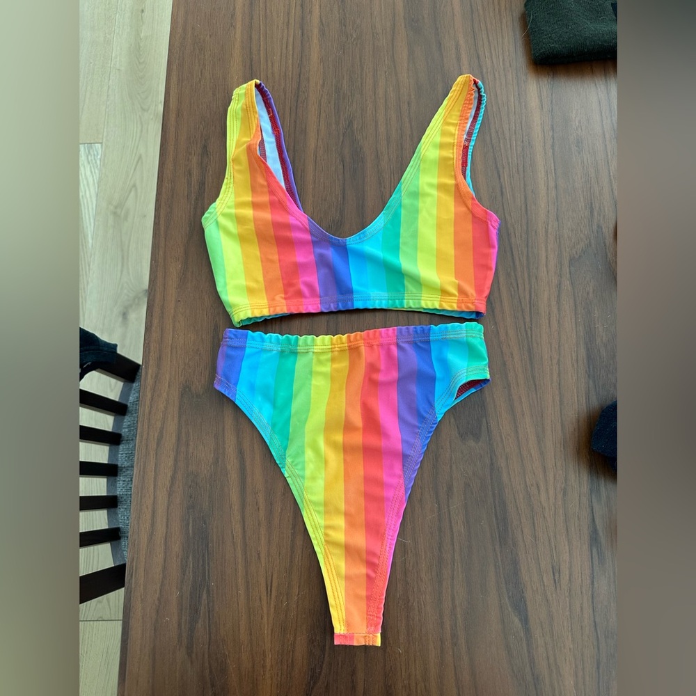 Rainbow Striped Limeblonde rave/Bikini Set